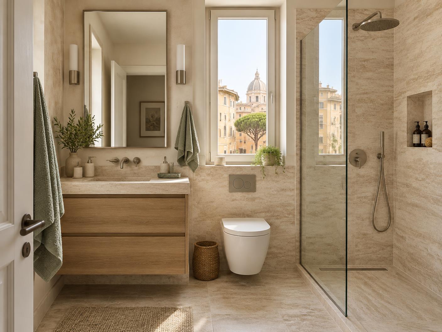 Bagno rinnovato in travertino e rovere, immagine illustrativa